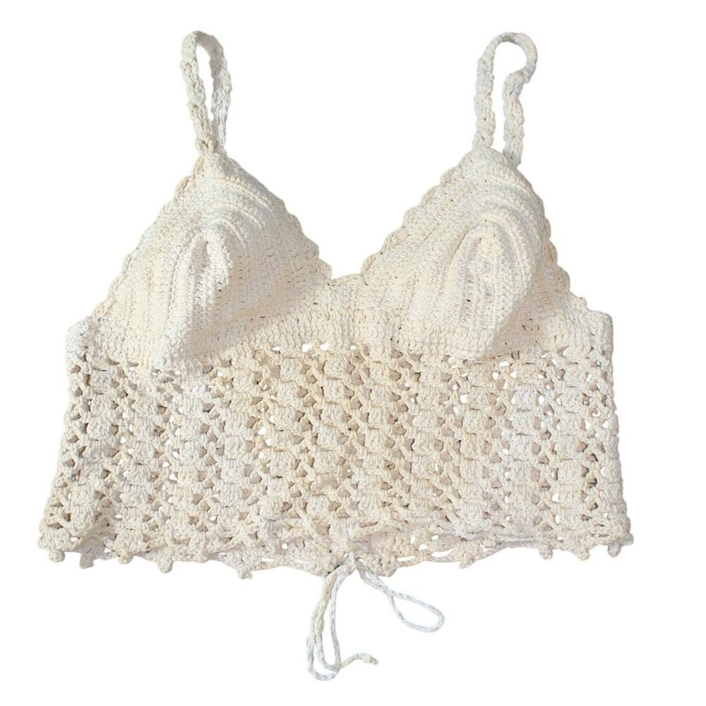 Handmade Crochet Crop Tank Top Music Festival Spring Summer Sheer Lace up Boho